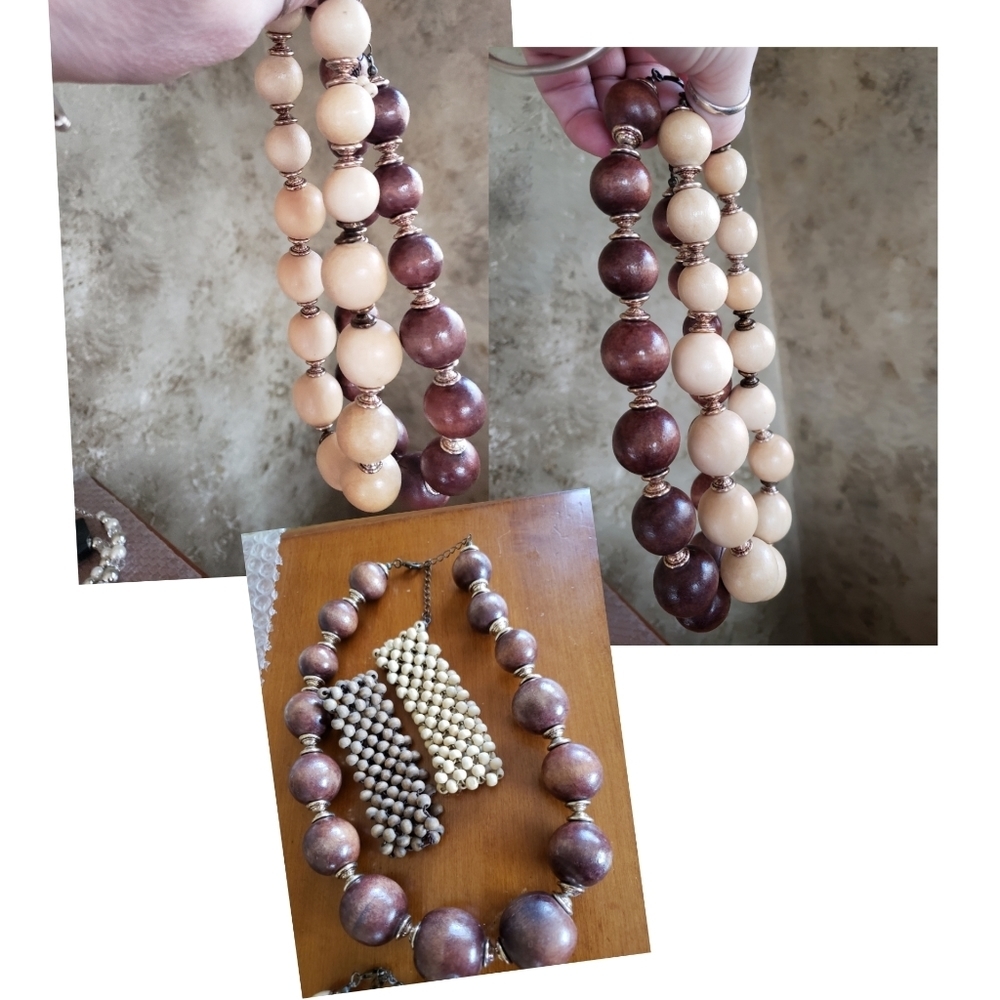 Boho Artisan Wooden Jewelry Set 2Necklaces 2 Bracelets Ivory Browns +4 Gifts New - Picture 10 of 10